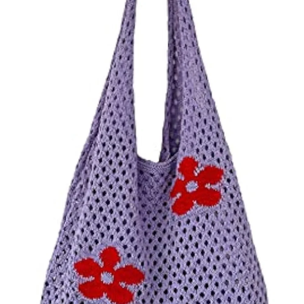 Purple Crochet Tote Bag with Red Floral‎ Accents